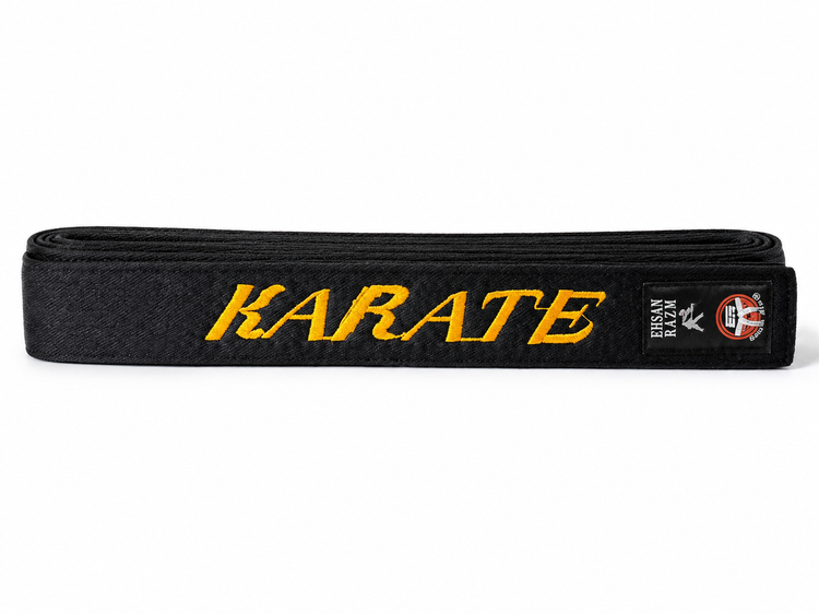 کمربند مشکی کاراته مدل کتان با گلدوزی طلایی KARATE