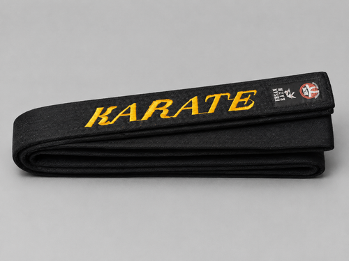 کمربند مشکی کاراته مدل کتان با گلدوزی طلایی KARATE